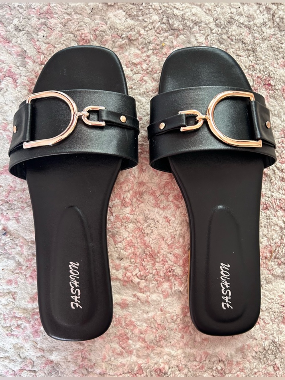 Fashion Black Slide Sandals with Gold Horsebit Detail - Size 9 - Barely Worn